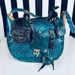 Vintage 70s Tooled Blue Leather Handmade Shearling Horse Saddle Purse - Mexico